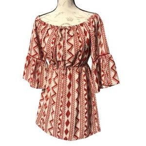 Soprano Red Aztec Off Shoulder Bell Sleeve Dress